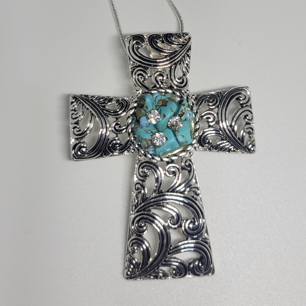 Elegant Silver Cross With Turquoise Center Pendant Necklace
